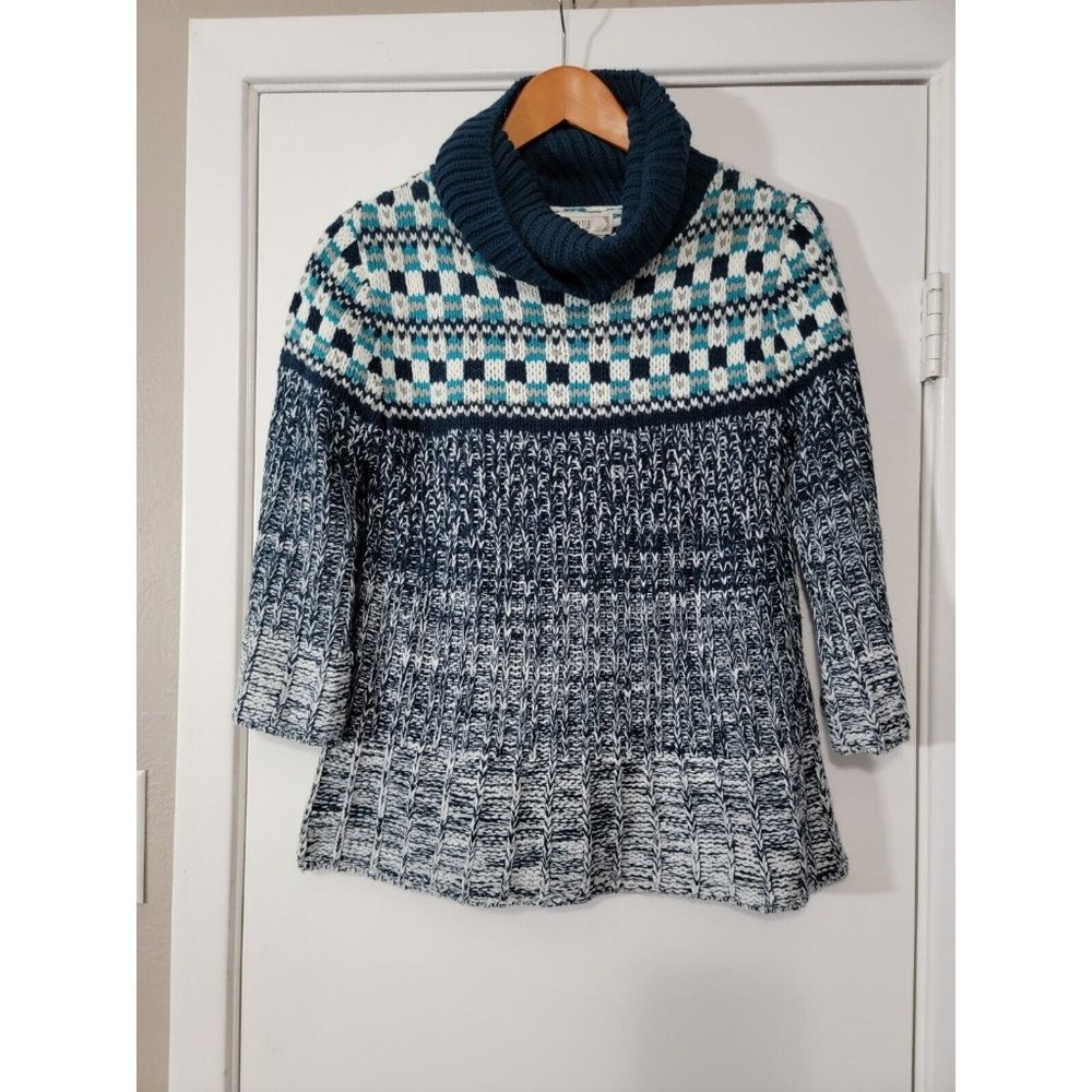 Decree blue 3/4 sleeve flare Knit sweater size large L turtle Neck